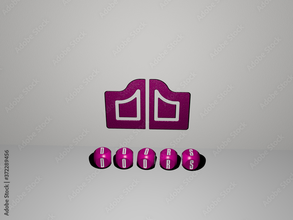 Poster 3D representation of doors with icon on the wall and text arranged by metallic cubic letters on a mirror floor for concept meaning and slideshow presentation for architecture and building