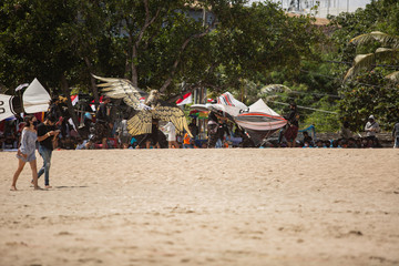 Bali, Indonesia august-17 th 2020. independence day. social events on the beach in kuta. kite festival. surfing competition among juniors. Bali, Indonesia