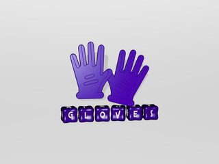 gloves 3D icon object on text of cubic letters, 3D illustration for background and boxing