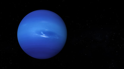 Neptune with text space on the right. Ultra realistic 3D Neptune and stars. Neptune from space.