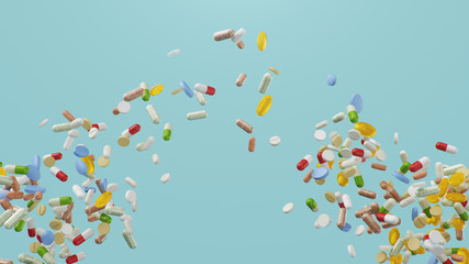 Fototapeta na wymiar Flying, falling pills. different colored tablets, capsules. Health care concept. Antibiotics inside pills, vitamins. Product from pharmacy. Pharmaceutical company, industry, 3d illustration