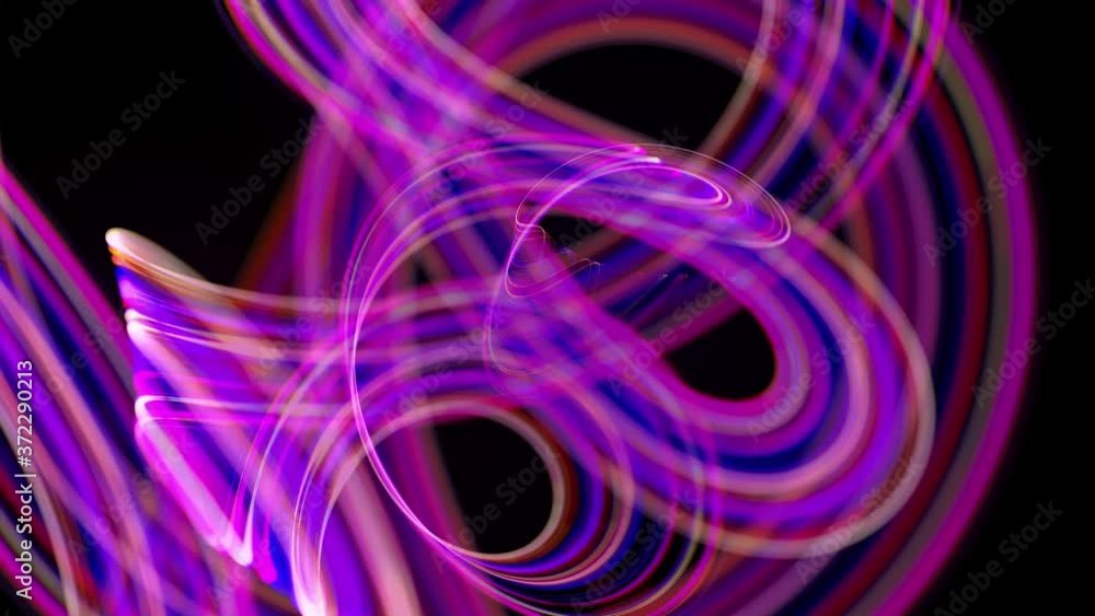 Poster motion graphics, sci-fi bg. stream of multicolor neon lines form spiral shape, curls and pattern. ab
