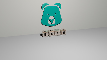 BEAR 3D icon on the wall and cubic letters on the floor, 3D illustration for animal and background