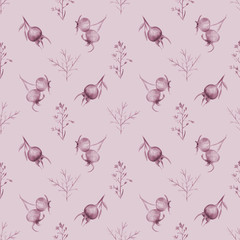 Pastel seamless pattern with dog roses and herbs on a light pink-grey background. Watercolor painted elements.