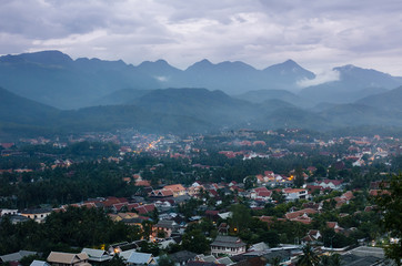 Late evening aerial landscape of Luang Prabang, Laos, mountain background