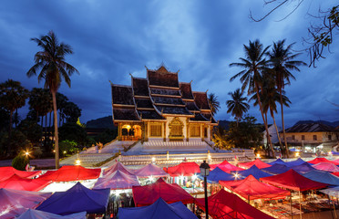 Wat Xieng Thong temple and night market in Luang Prabang, Laos