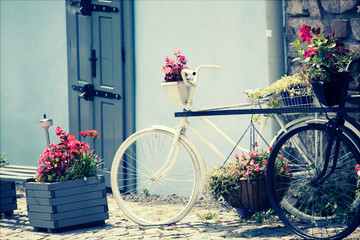 Fototapeta na wymiar Bicycle like a flower pot - vintage photo