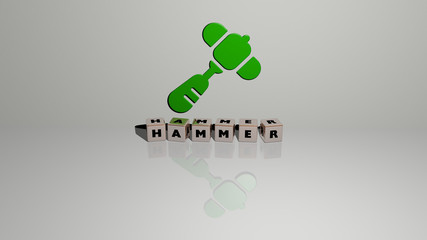 hammer text of cubic dice letters on the floor and 3D icon on the wall, 3D illustration for background and construction