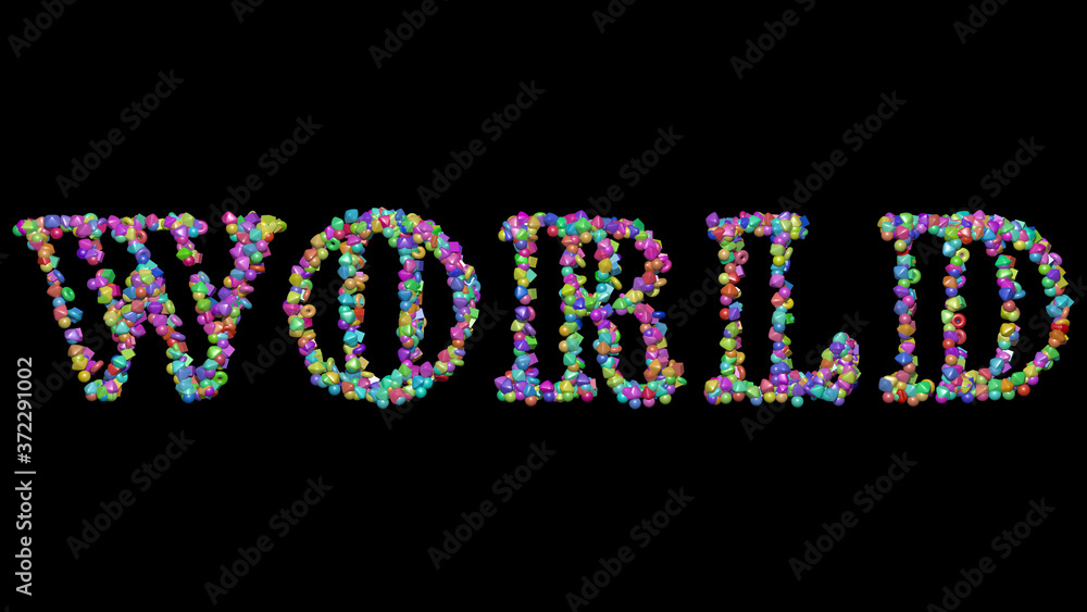 Poster colorful 3d writing of world text with small objects over a dark background and matching shadow for 