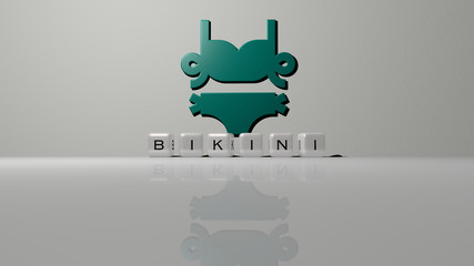 BIKINI text of cubic dice letters on the floor and 3D icon on the wall, 3D illustration for beach and beautiful