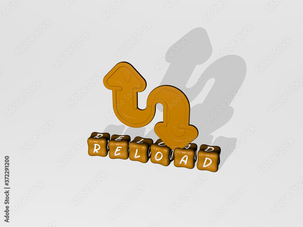 Poster reload 3d icon on cubic text, 3d illustration for arrow and refresh