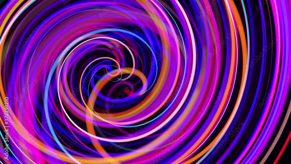 Poster motion graphics, sci-fi bg. stream of multicolor neon lines form spiral shape, curls and pattern. ab