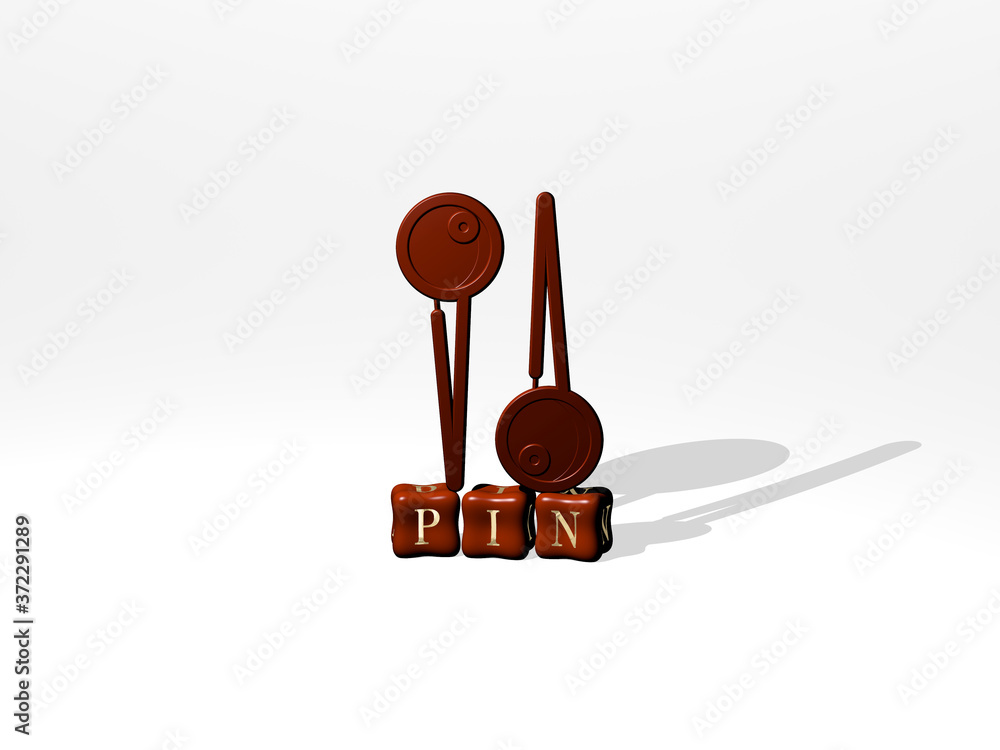 Poster pin 3d icon object on text of cubic letters, 3d illustration for map and background