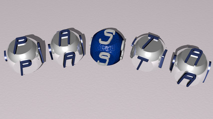 PASTA curved text of cubic dice letters, 3D illustration for background and food