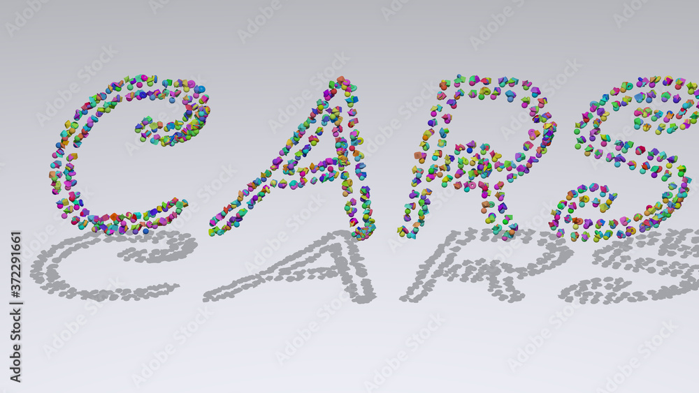 Poster cars written in 3d illustration by colorful small objects casting shadow on a white background for c