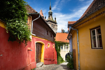 Beautiful colorful street in Sighisoara in typical traditional style. Sighisoara is the place...