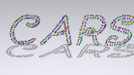 cars written in 3D illustration by colorful small objects casting shadow on a white background for city and editorial