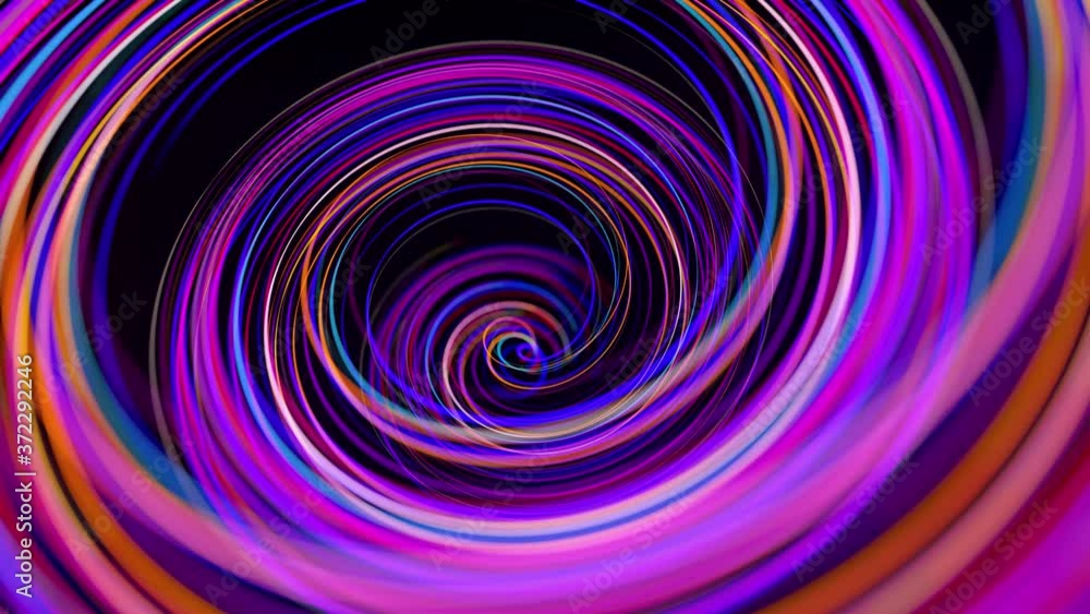 Poster motion graphics, sci-fi bg. stream of multicolor neon lines form spiral shape, curls and pattern. ab