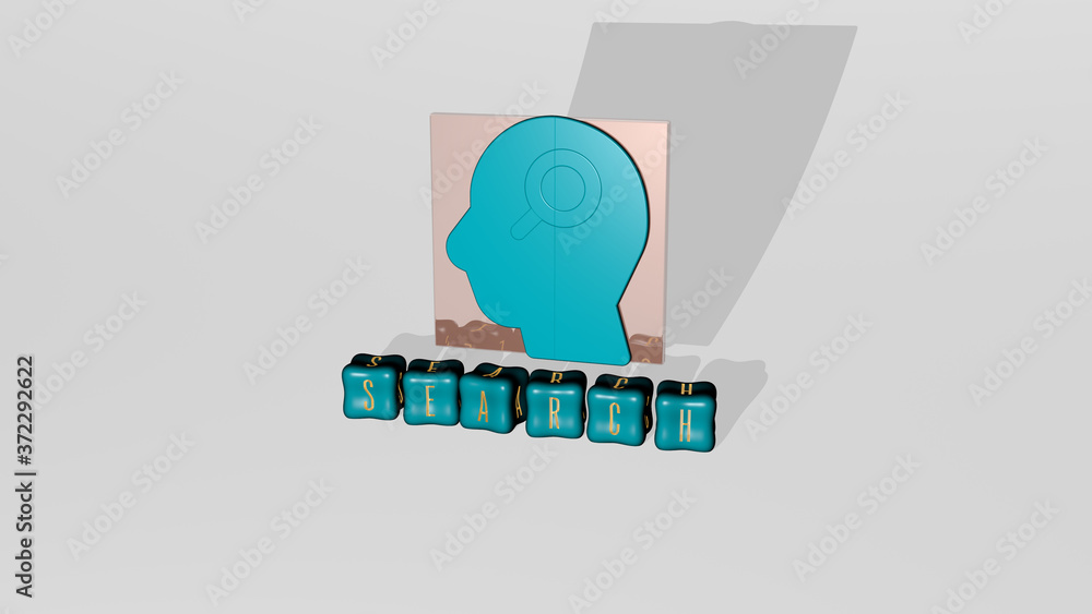 Poster 3d illustration of search graphics and text made by metallic dice letters for the related meanings o