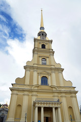 Tower of Peter and Paul Cathedral from below against the sky