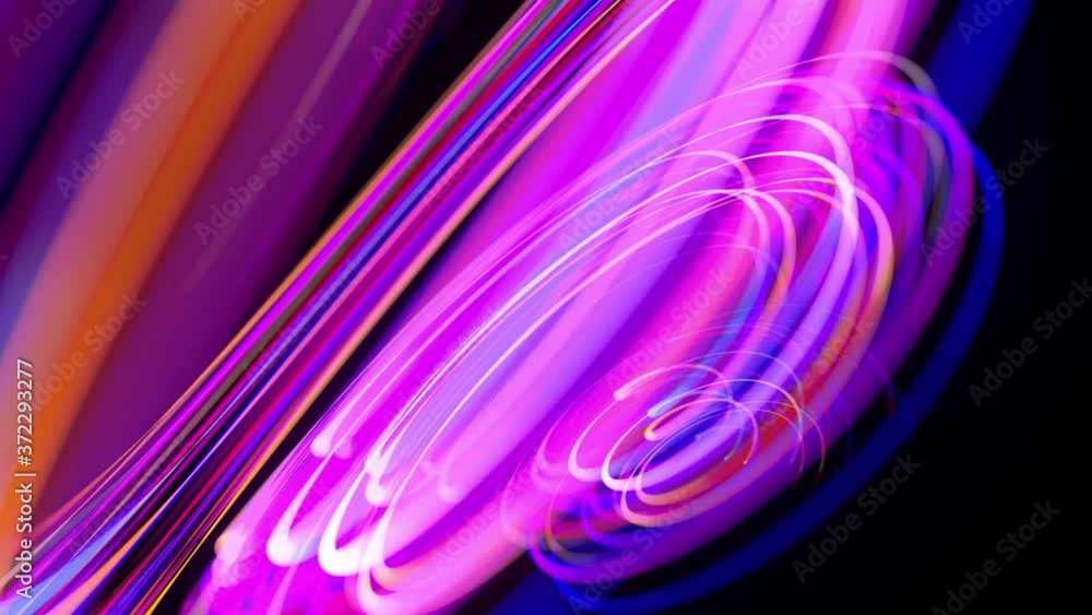 Aufkleber motion graphics, sci-fi bg. stream of multicolor neon lines form spiral shape, curls and pattern. ab