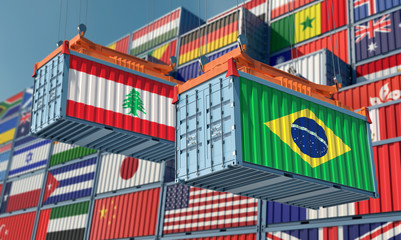 Freight containers with Lebanon and Brazil flag. 3D Rendering 