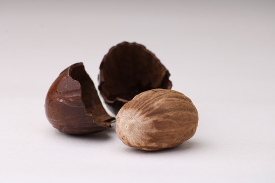 nutmeg spice and its shell isolated on the white background.