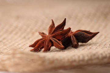 two whole star anise in closeup over jute background