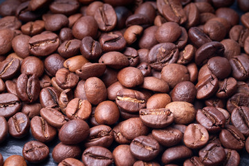coffee beans close-up on a dark background
