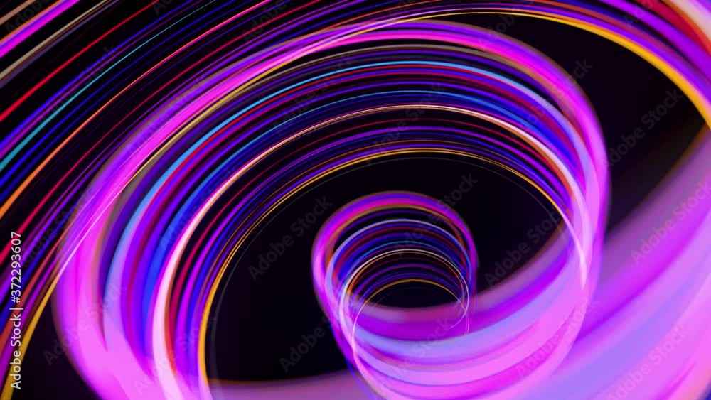 Aufkleber motion graphics, sci-fi bg. stream of multicolor neon lines form spiral shape, curls and pattern. ab