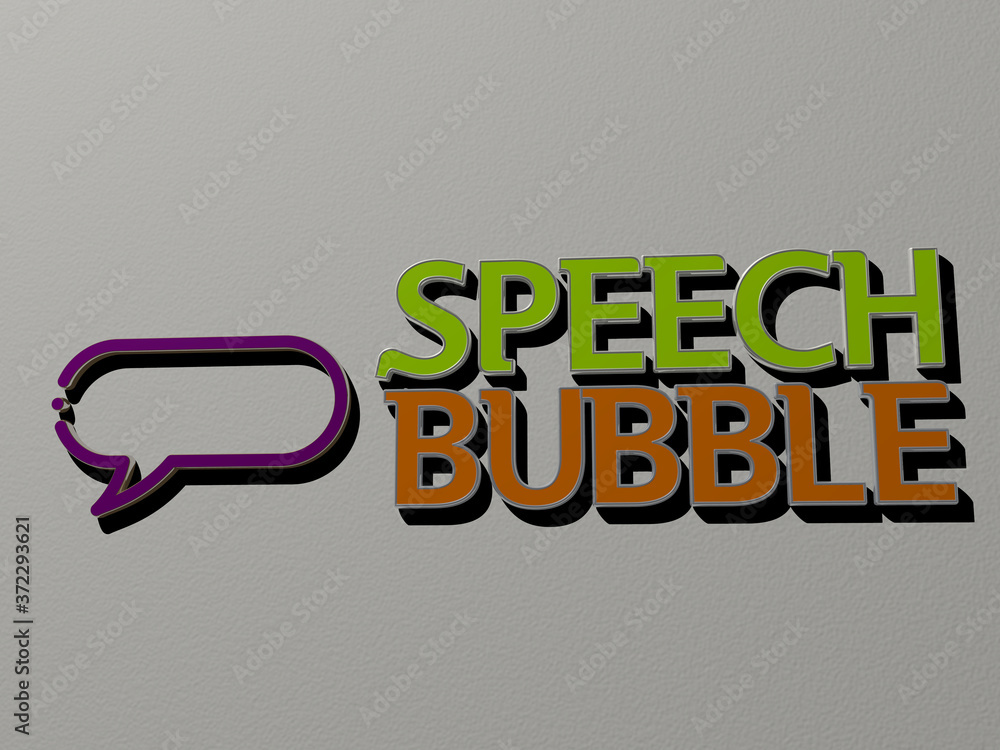 Poster 3d graphical image of speech bubble vertically along with text built by metallic cubic letters from 