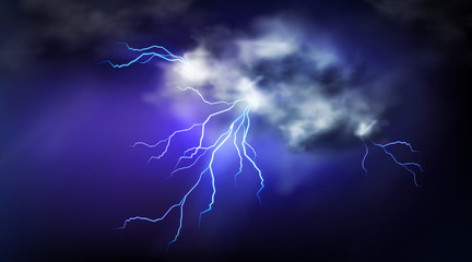 Lightning strikes and thundercloud, impact place or magical powerful energy flash. Thunderbolt electrical discharge and storm cloud, realistic 3d vector powerful impulse isolated on blue background