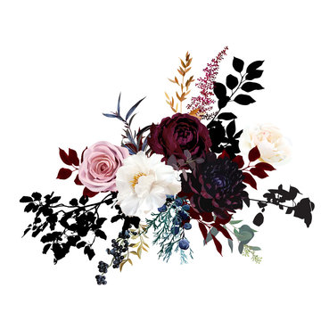 Burgundy red and dusty pink flowers glamour vector design bouquet