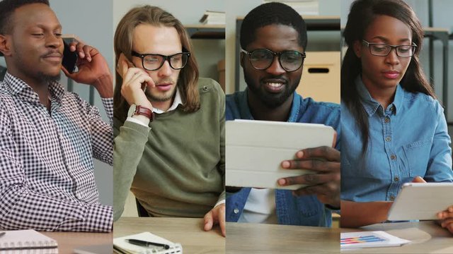 Collage of many mixed-races office workers indoor. African American joyful man talking on cellphone. Caucasian male talking on smartphone at work. Happy guy tapping on device. Busy girl using tablet