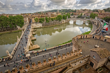 Castle Sant'Angelo is a stunning building with breath-taking views. Beautiful aerial view over the City of Rome, Castel Sant Angelo fortress and the bridge Ponte Sant’Angelo, Italy