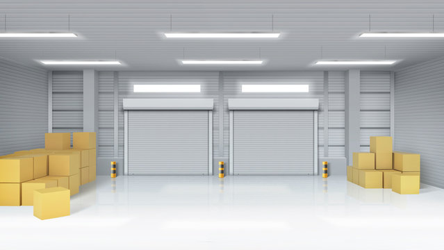 Warehouse interior with closed gates and cardboard boxes. Vector realistic illustration of empty storage room in store, factory or workshop with rolling shutter on doors