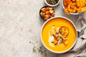Cream of Pumpkin and sweet potato soup with  seeds.