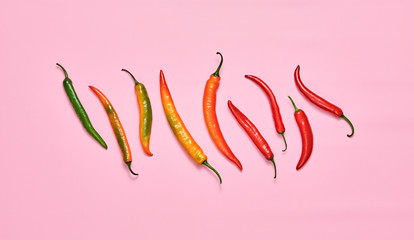 Chili pepper fresh organic on pink. Vegan veggies diet food. Various hot red chili pepper, spicy...