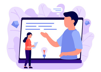 Online consultation of people on a laptop on internet. Video communication on business issues. The assistant records information, secretary. Vector illustration