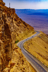 Cliffs, landscape, and road in Makhtesh (crater) Ramon