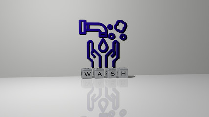 wash text of cubic dice letters on the floor and 3D icon on the wall, 3D illustration for background and abstract