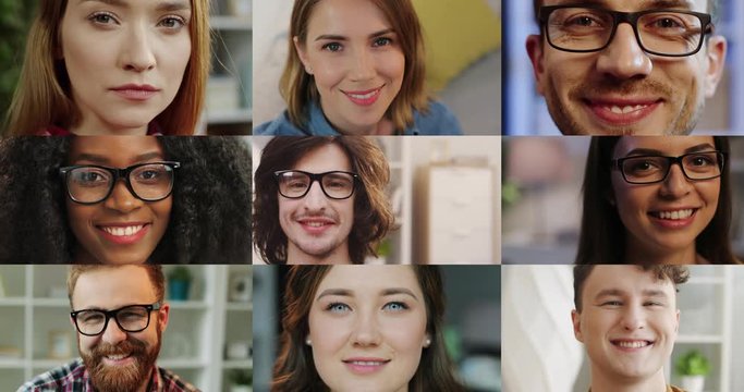 Collage of many diverse multi-ethnic people in good mood indoor. Beautiful young women smiling to camera. Handsome joyful males in glasses with smiles on faces. Close up. People diversity concept