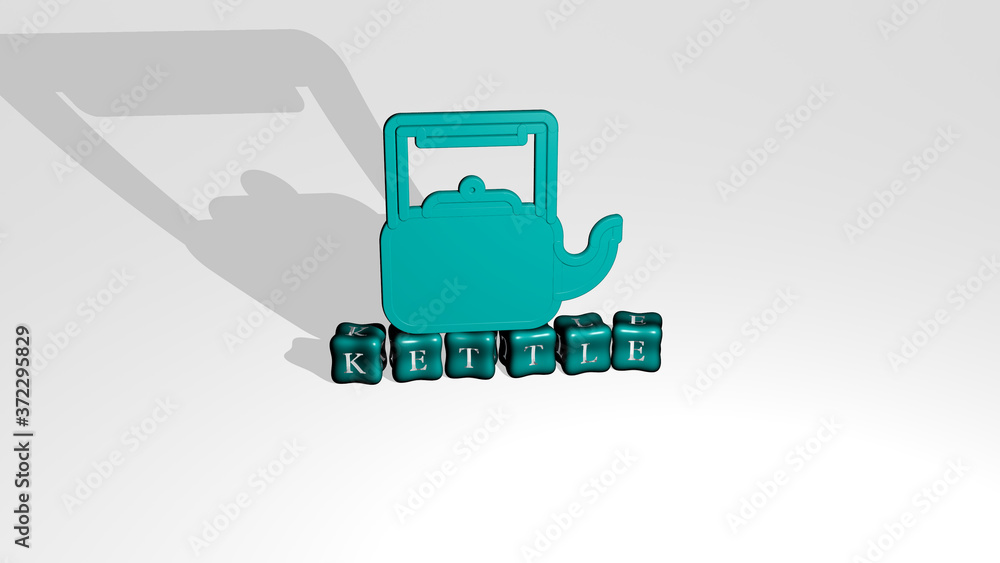 Poster kettle 3d icon object on text of cubic letters, 3d illustration for background and tea