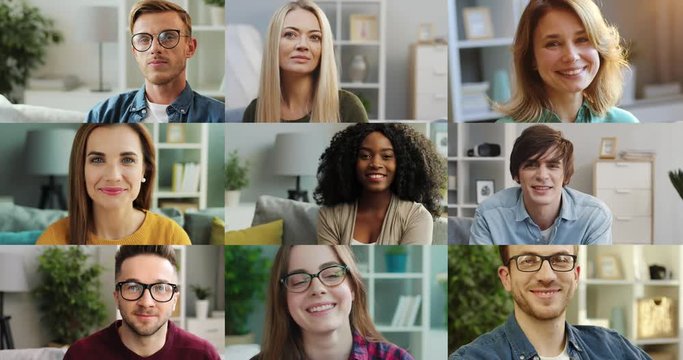 Collage of diverse multi-ethnic people in good mood at home. Pretty young women smiling to camera in room. Handsome joyful men in glasses sitting indoors. Male looking away. Close up portrait concept