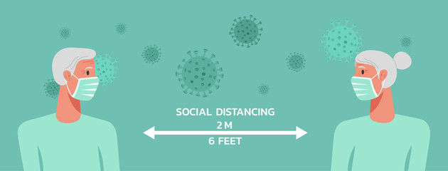 senior woman and man character wearing surgical or medical face mask maintain social distancing to prevent virus spreading and flu prevention, coronavirus, social isolation, self quarantine