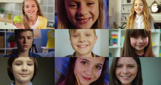 Collage of many happy children smiling to camera at home. Cute little Caucasian boys in room. Male teen looks away. Adorable girls in good mood. Pretty child with smile on face. Children concept