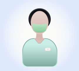 Doctor icon in mask on blue background. Coronavirus time, doctor vector. Face with mask.	