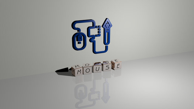 mouse text of cubic dice letters on the floor and 3D icon on the wall, 3D illustration for background and computer