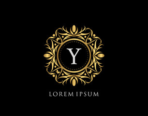 Gold Badge Y Letter Logo. Luxury calligraphic vintage emblem with beautiful classy floral ornament. Vintage Frame design Vector illustration.