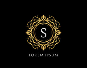 Gold Badge S Letter Logo. Luxury calligraphic vintage emblem with beautiful classy floral ornament. Vintage Frame design Vector illustration.